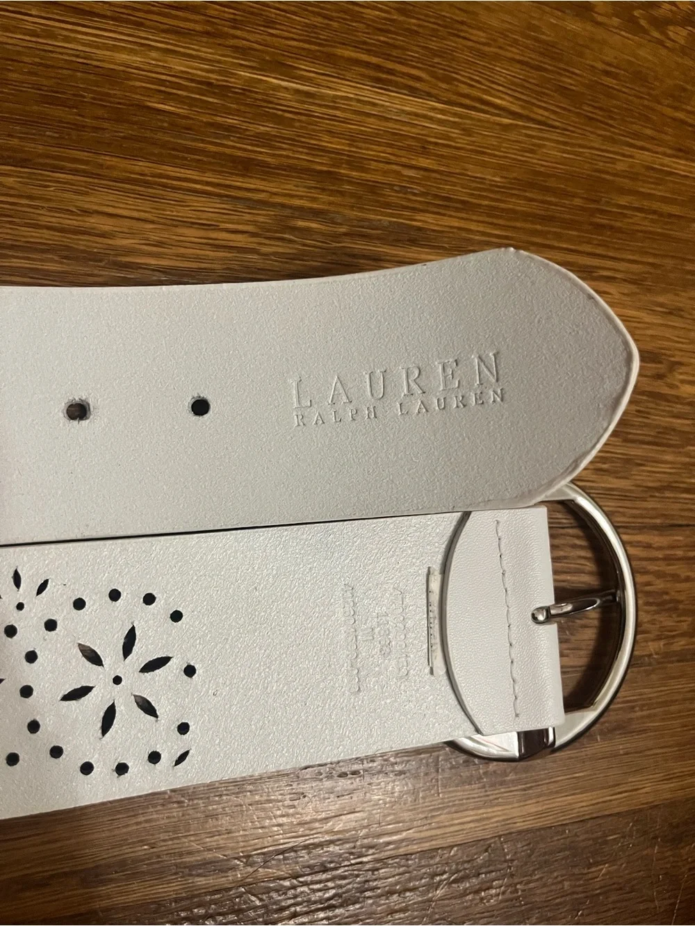Lauren Ralph Lauren m white leather belt silver buckle preppy stretch wide LRL